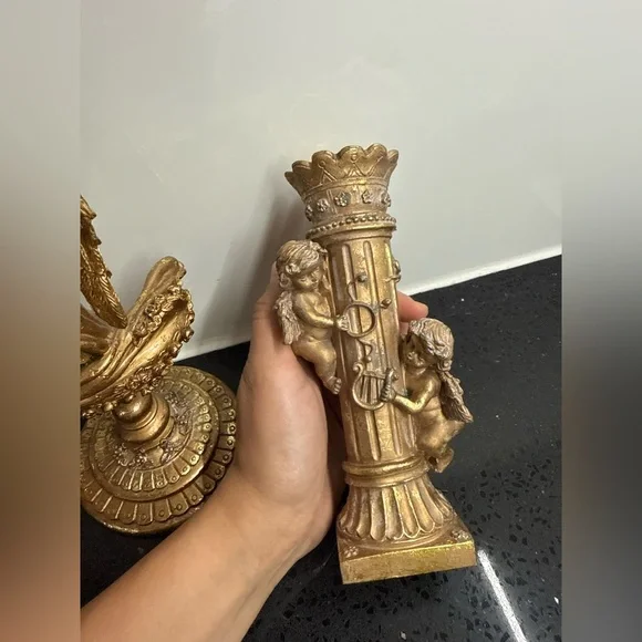 Vintage Inspired Baroque Angel‎ & Cherub Candlestick Holders Set Gilt Gold - Picture 13 of 17